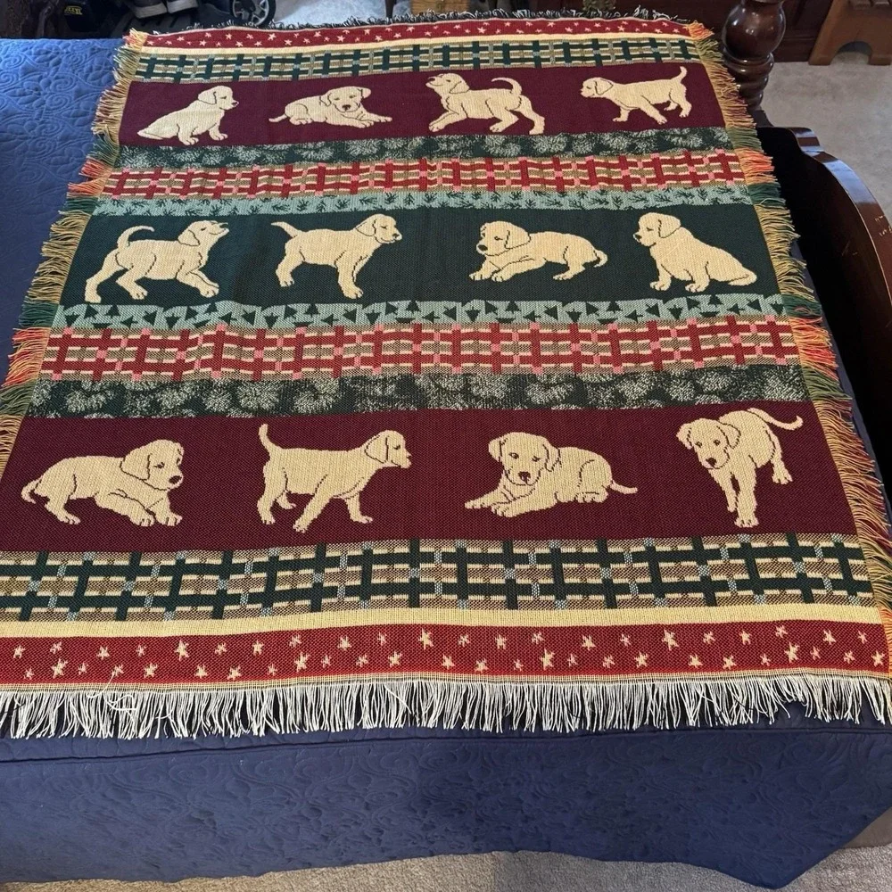Dog Puppies Pattern Blanket Multicolor Tapestry  Soft w/ Fringe